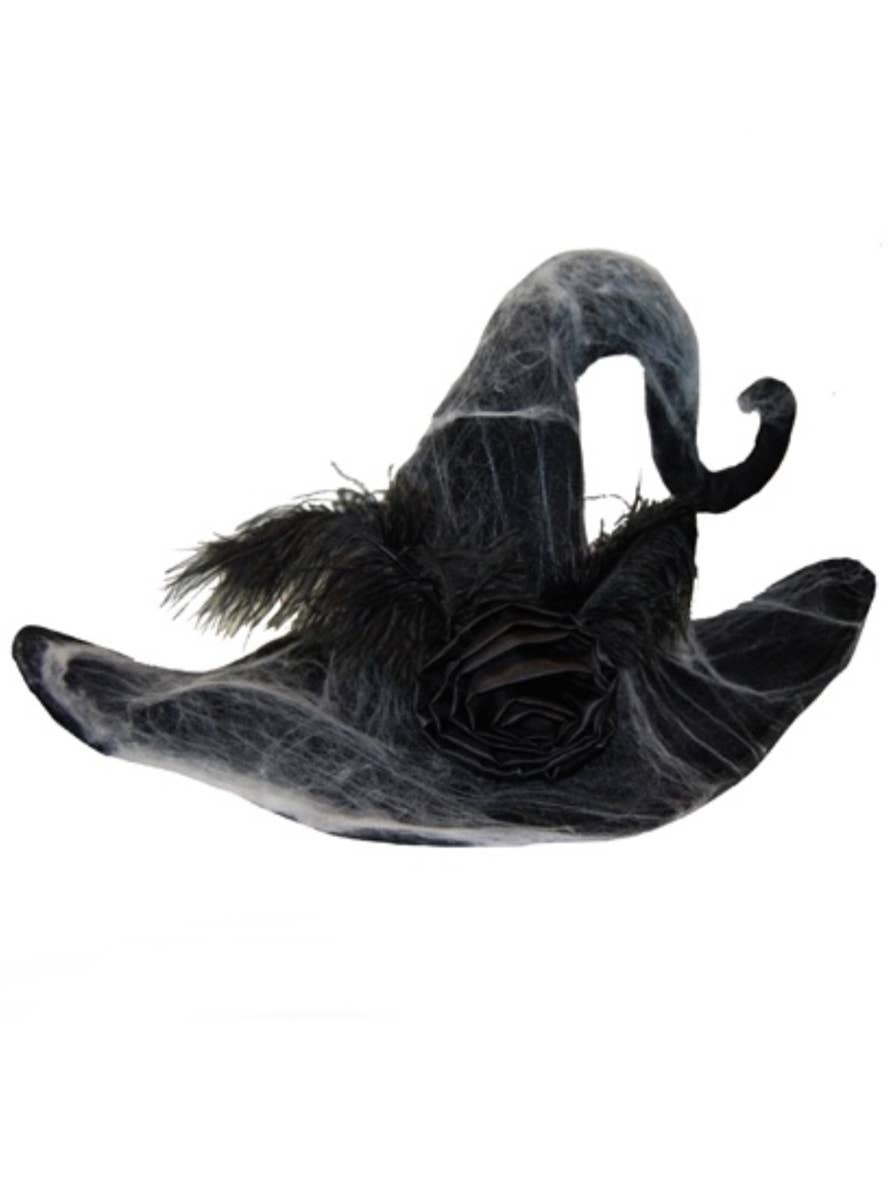Large Black Rose Witch Costume Hat Accessory with Web and Feathers