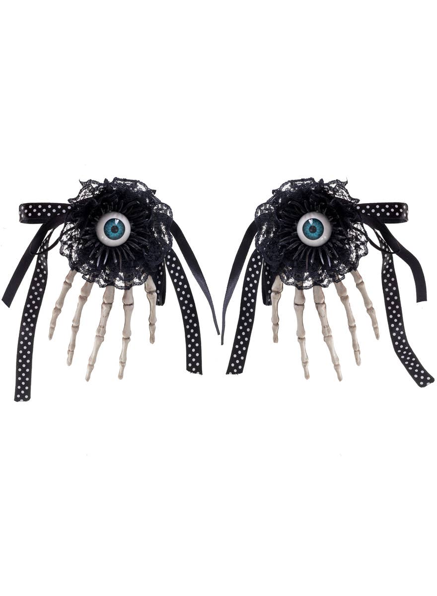 Black Lace Hair Clip with Skeleton Hands and Eyeballs