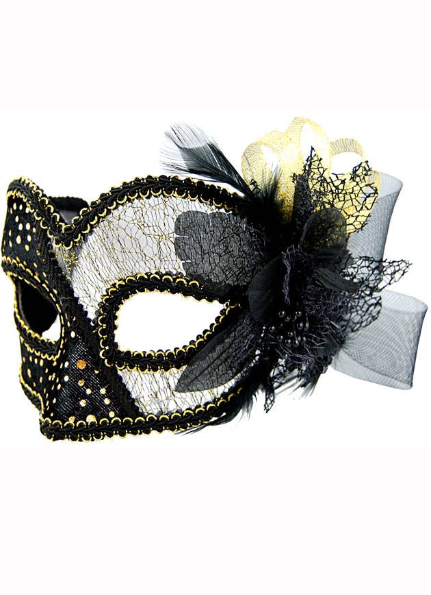 Sheer Black and Gold Masquerade Mask with Decorative Floral Trimmings