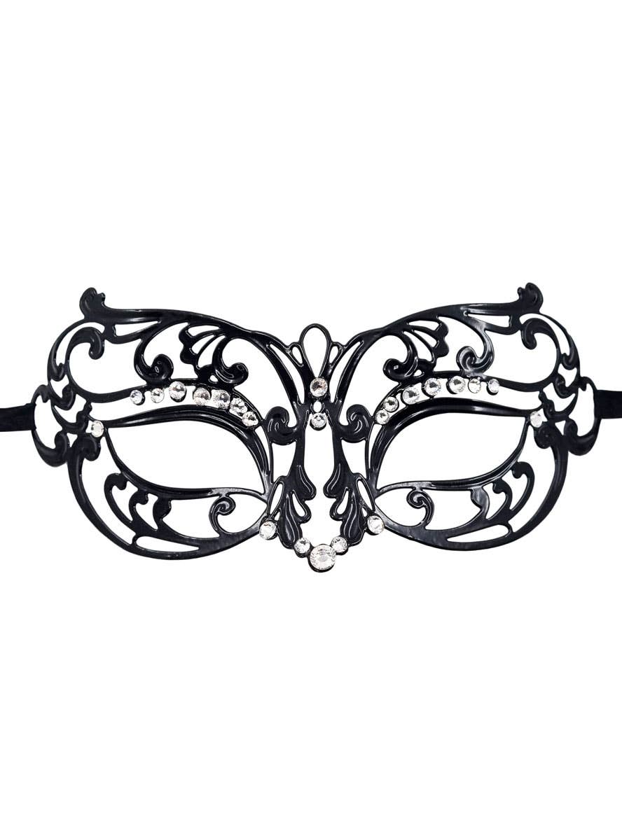 Black Lightweight Metal Womens Masquerade Mask with Rhinestones