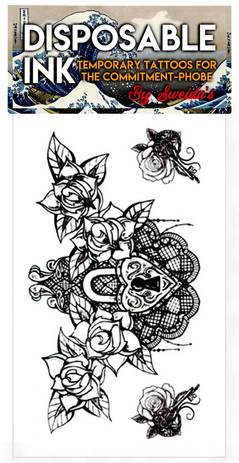 Disposable Ink Rose Garden Padlock and Key Temporary Body Tattoos Costume Accessory
