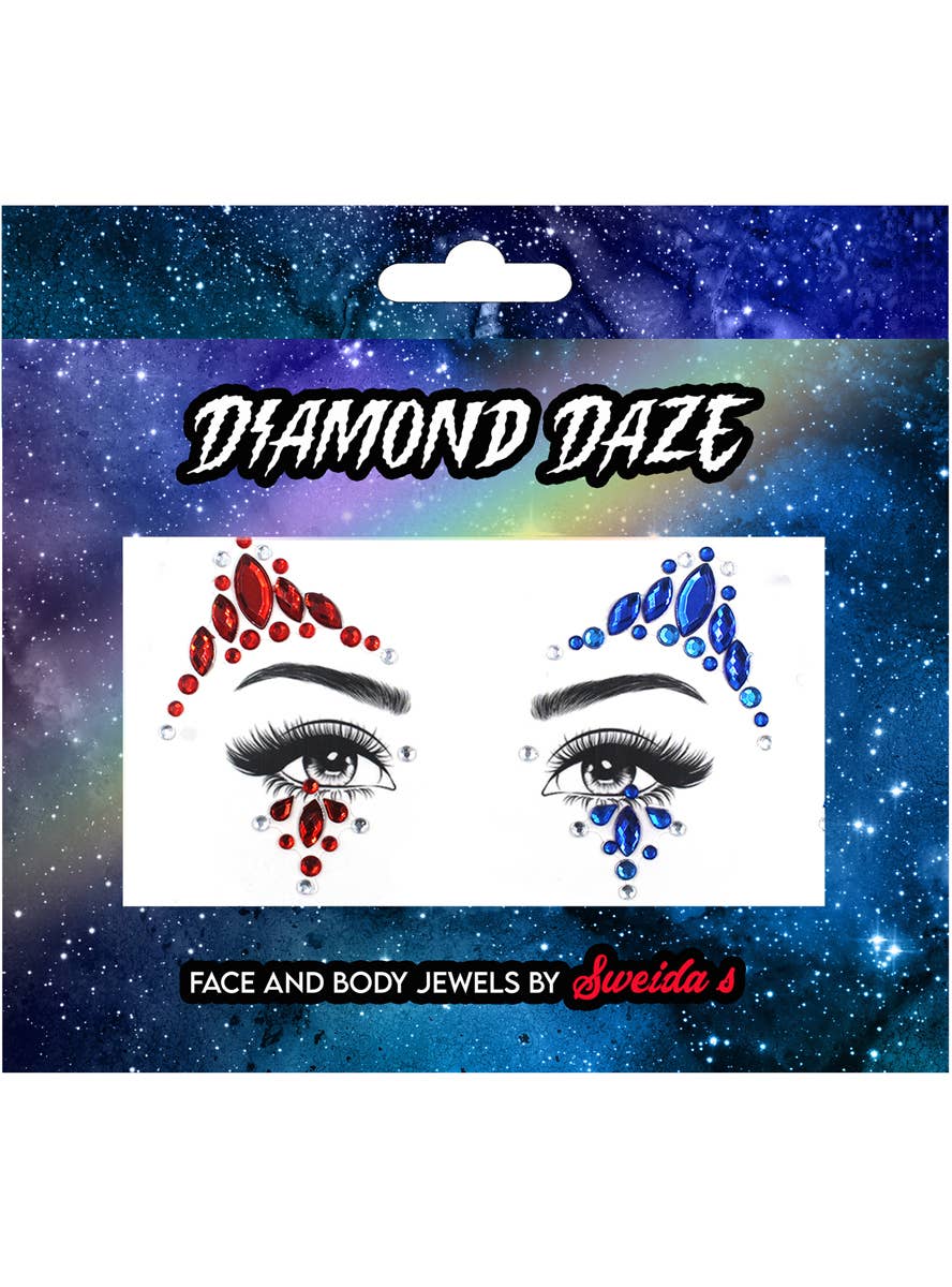 Red and Blue Harley Quinn Stick On Face Gems - Packaging Image