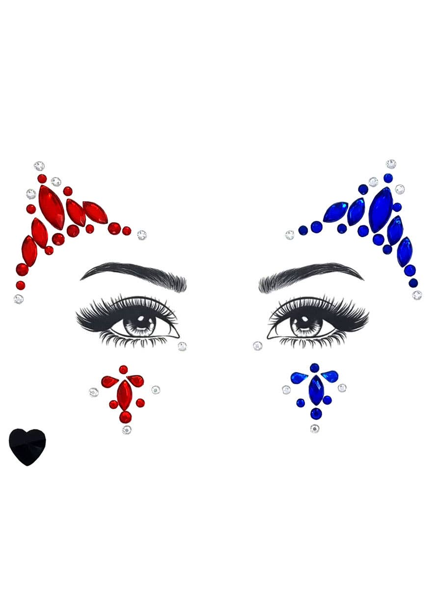 Red and Blue Harley Quinn Stick On Face Gems - Main Image