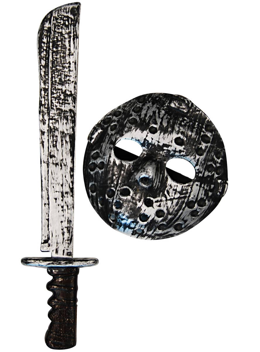 Rustic Silver Jason Voorhees Hockey Mask and Machete Costume Accessory Set