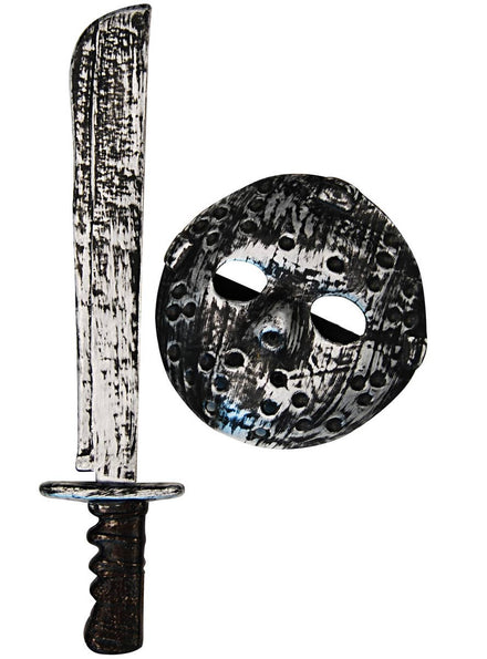 Rustic Silver Jason Voorhees Hockey Mask and Machete Costume Accessory Set