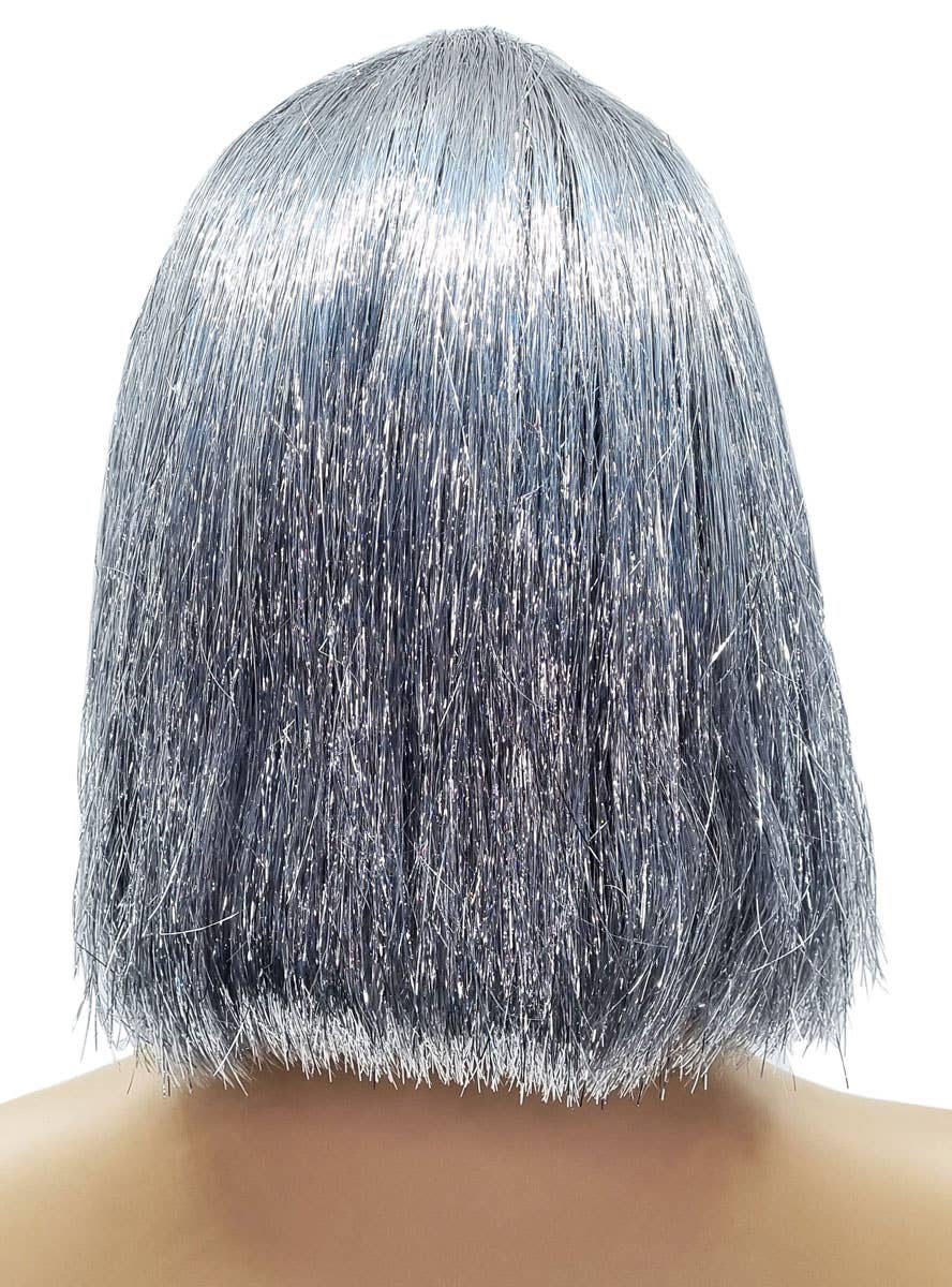 Womens Silver Sparkly Tinsel Bob Costume Wig - Back Image