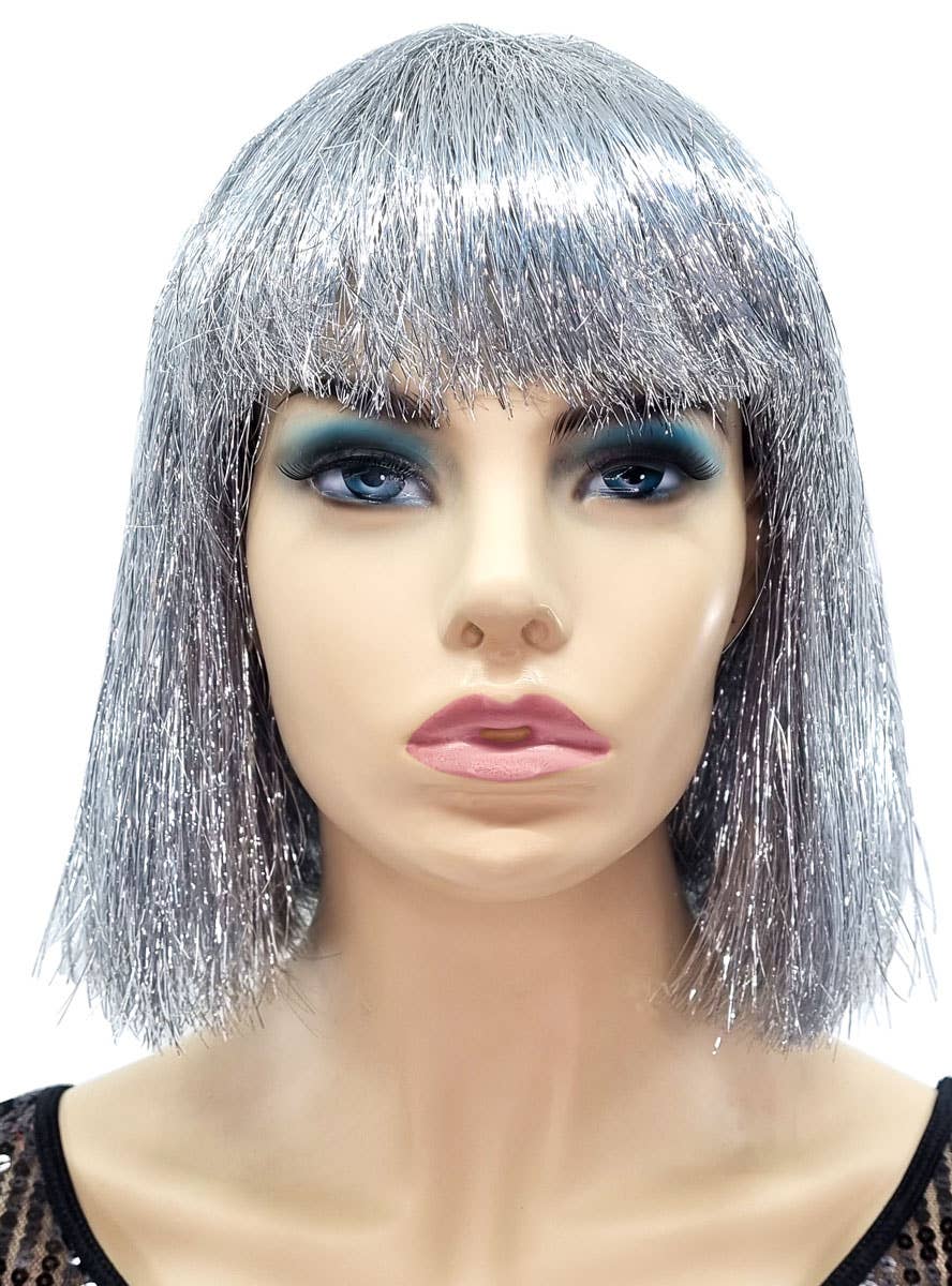 Womens Silver Sparkly Tinsel Bob Costume Wig - Front Image