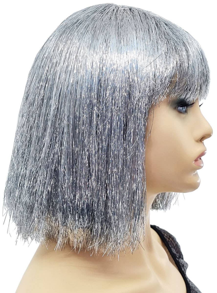 Womens Silver Sparkly Tinsel Bob Costume Wig - Side Image