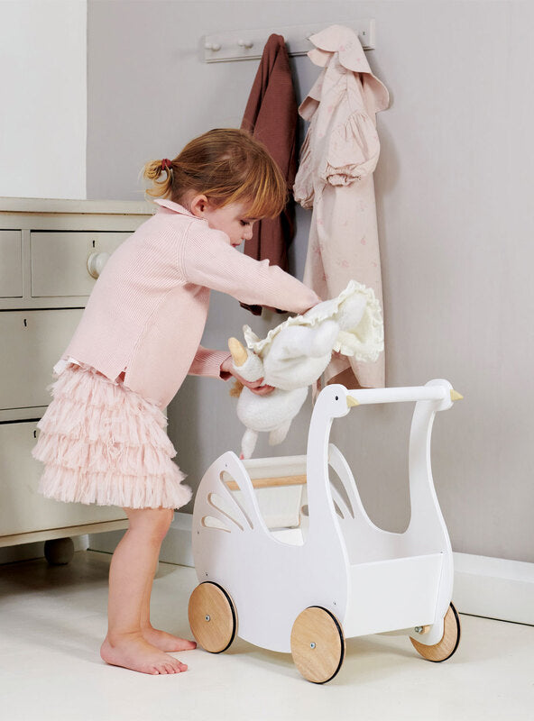 Sweet White Swan Wooden Doll Pram For Children - Lifestyle Image 3