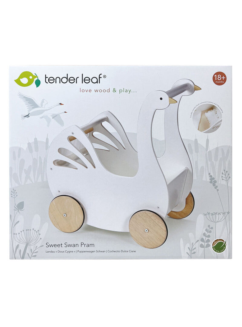 Sweet White Swan Wooden Doll Pram For Children - Packaging Image