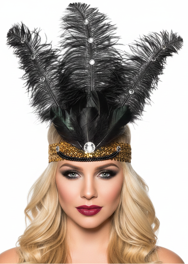 Tall Black Feather and Gold Showgirl Costume Headband - Main Image