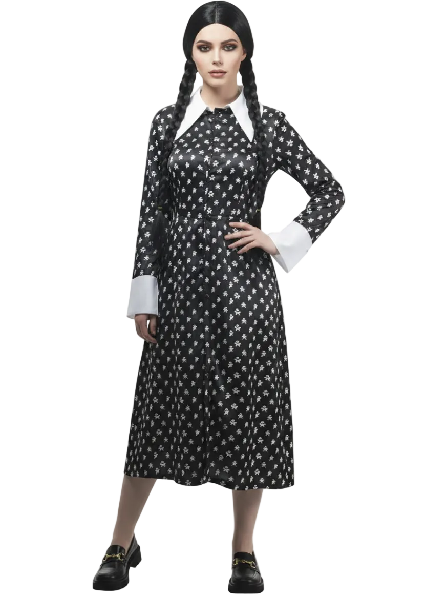 Image of Deluxe Teen Girls Button Up Wednesday Addams Halloween Costume - Main Image