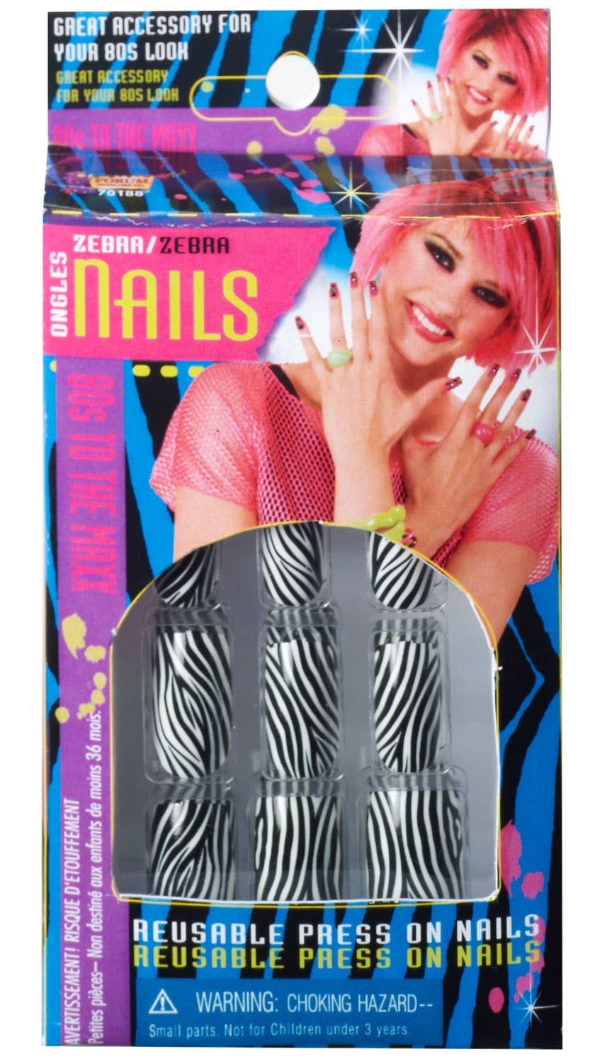 Zebra Animal Print Painted Stick On Nails Reusable 80s Costume Accessory