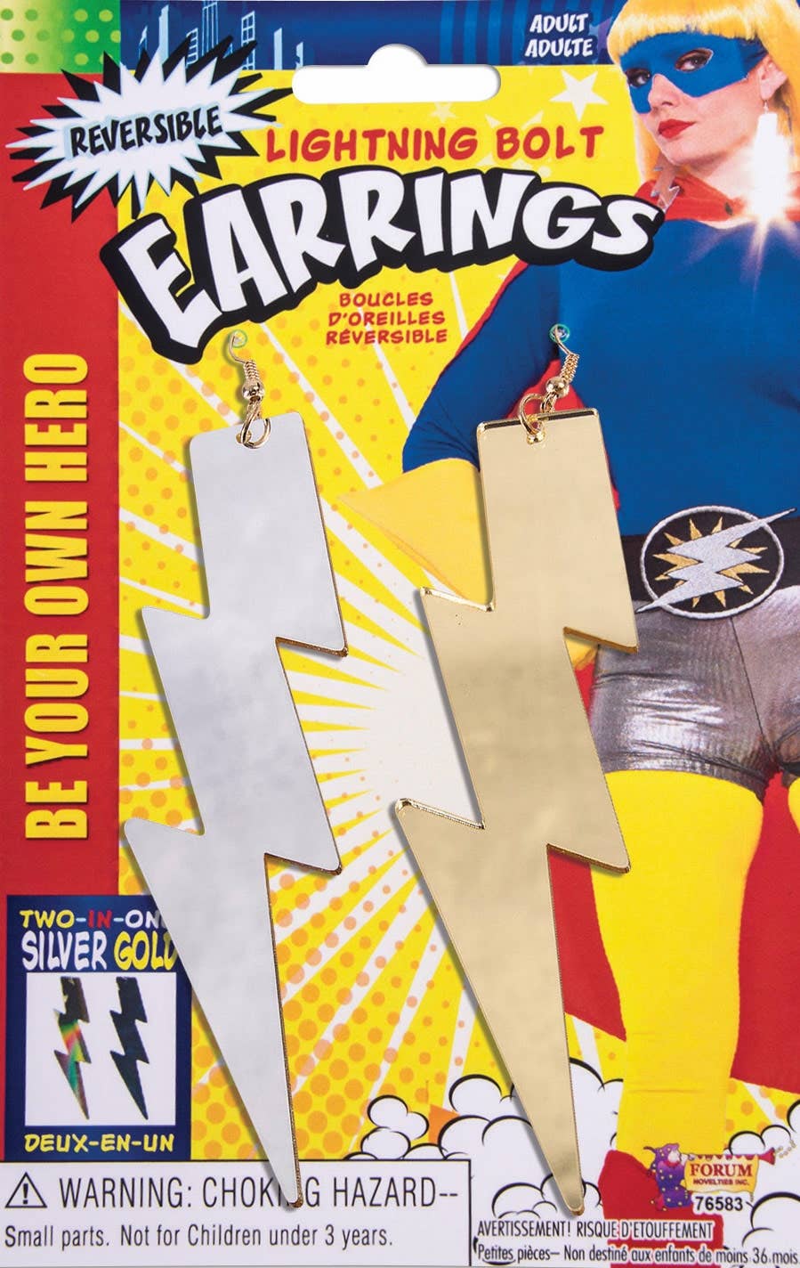 Women's Gold And Silver Two Toned Lightning Bolt Superhero Fancy Dress Costume Earrings
