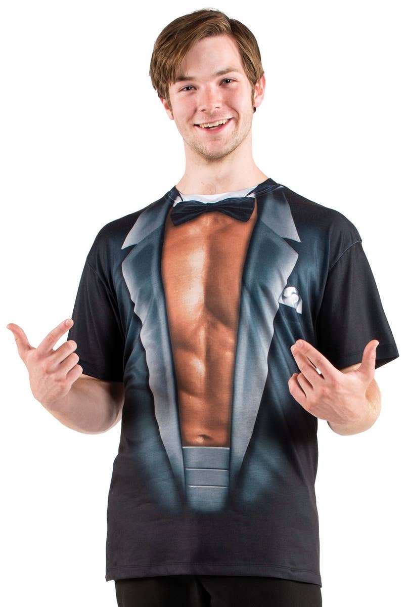 Sexy Male Stripper Tuxedo Print Faux Real Men's Costume Shirt