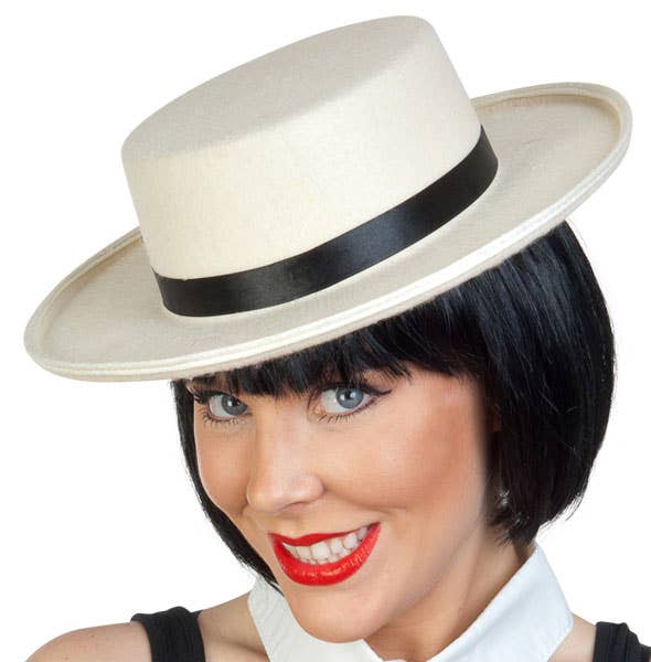 Cream Barbershop Boater Costume Hat with Black Satin Hat Band - Alternative View 2