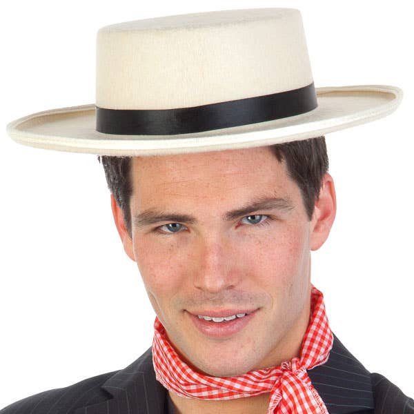Cream Barbershop Boater Costume Hat with Black Satin Hat Band - Alternative View