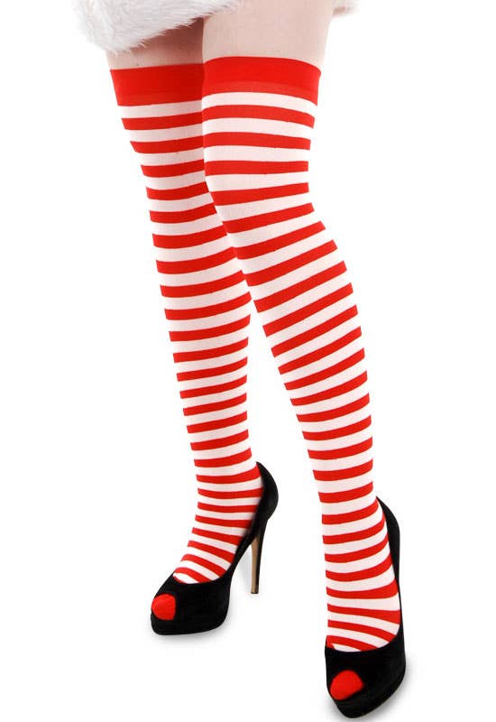 Red and White Striped Thigh High Christmas Costume Stockings for Women