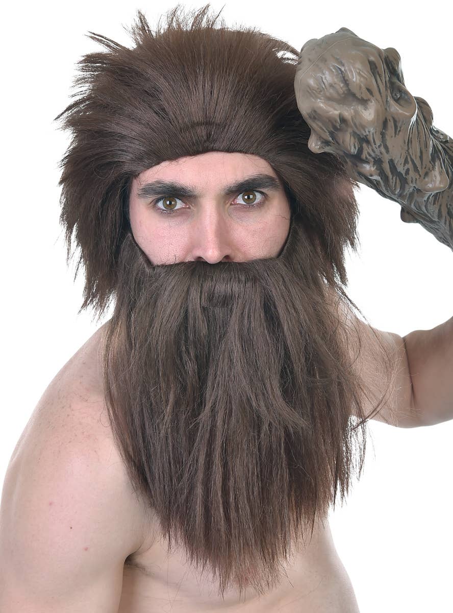 Men's Brown Caveman Costume Wig and Beard