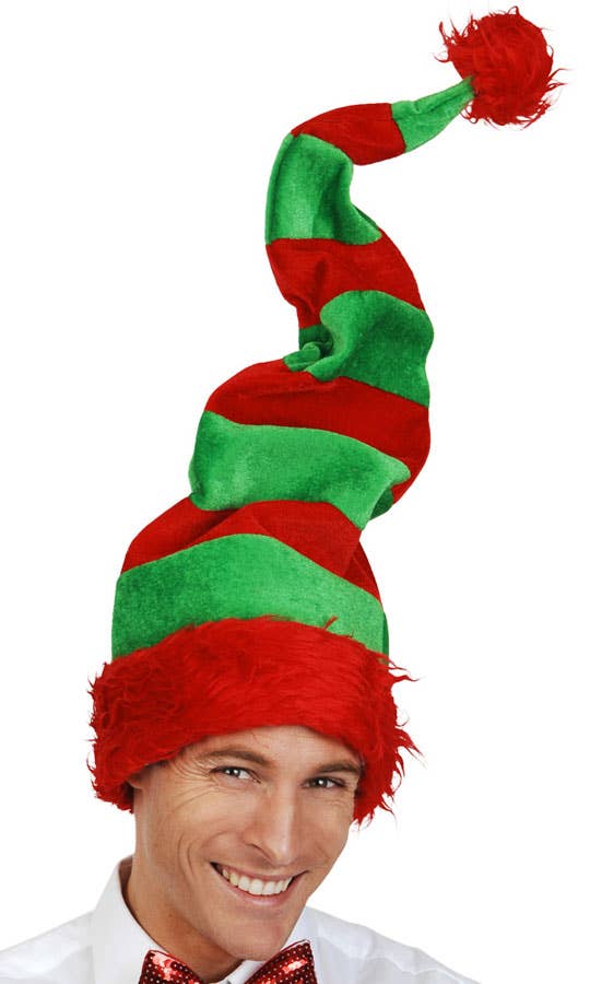 Novelty Red and Green Striped Christmas Elf Costume Hat with Bendable Wire