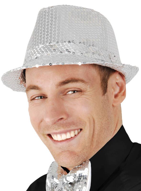 Silver Sequin Gangster Fedora Costume Hat