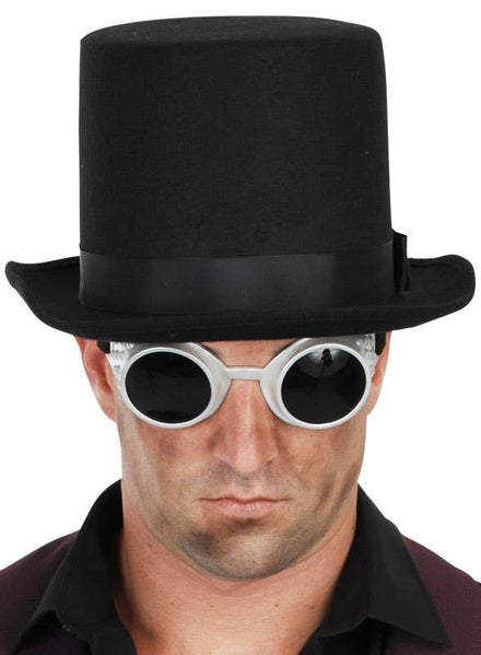 Black Steampunk Costume Top Hat with Silver Goggles - Main View