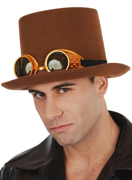 Brown Steampunk Costume Top Hat with Bronze Goggles