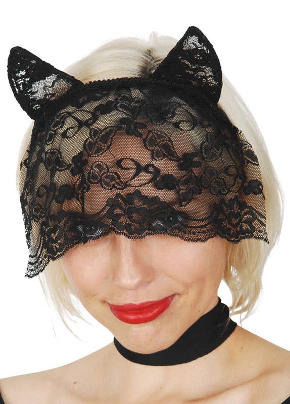 Lace Black Cat Ears Costume Headband with a Face Veil
