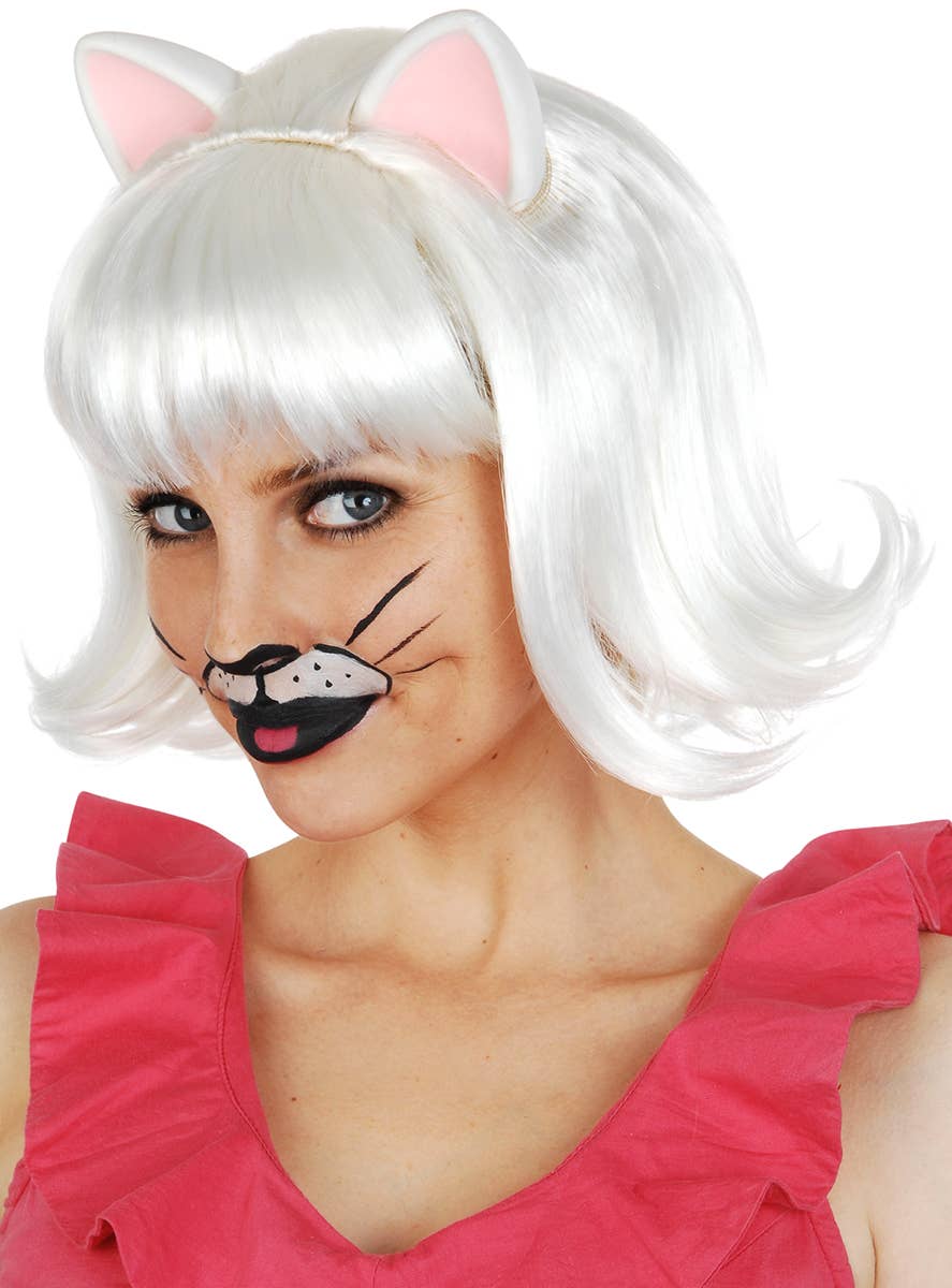 Women's White Bob Wig with Cat Ears Costume Accessory