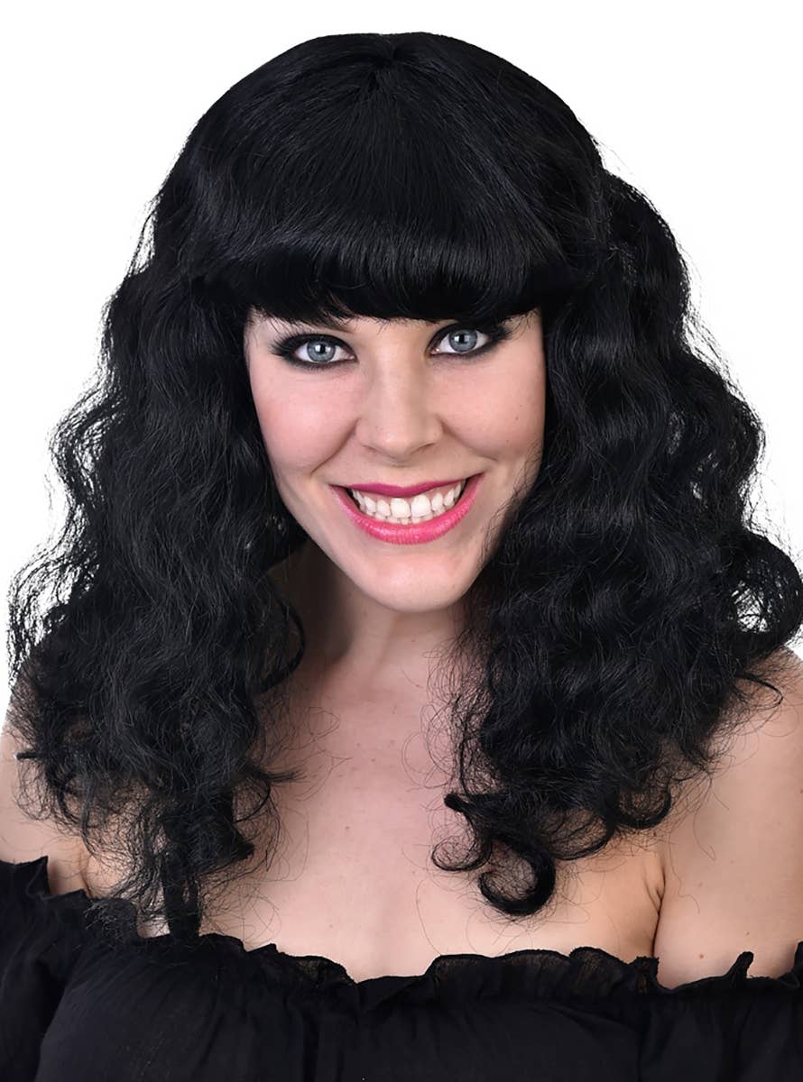 Women's Long Curly Black Wig with Fringe Costume Accessory
