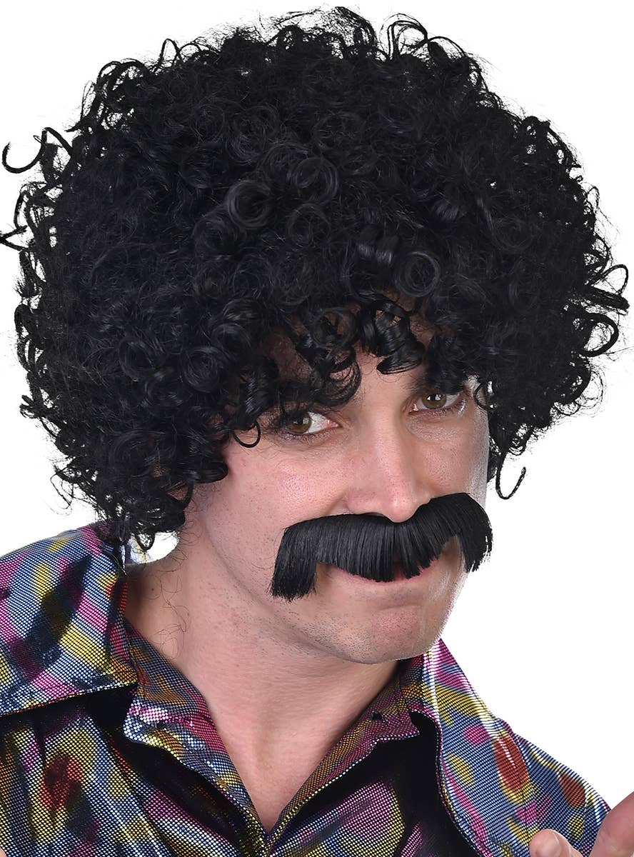 Mens 1970s Black Afro Wig and Moustache Costume Accessory Set - Main Image