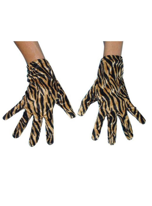 Tiger Print Adults Short Wrist Length Costume Gloves - Main Image