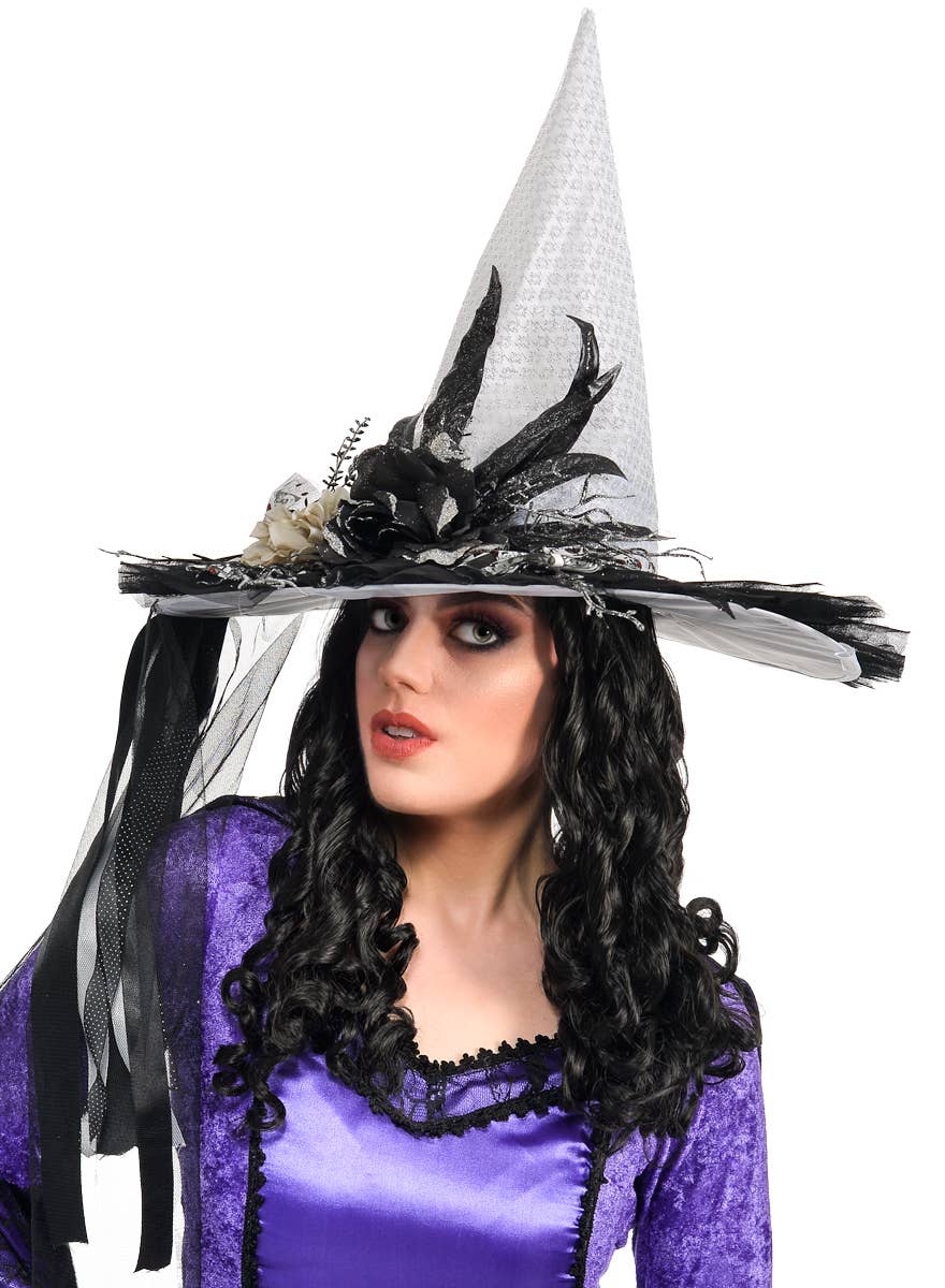 White Witch Hat with Glitter, Skull Mesh and Ribbons - Alternate Image 1