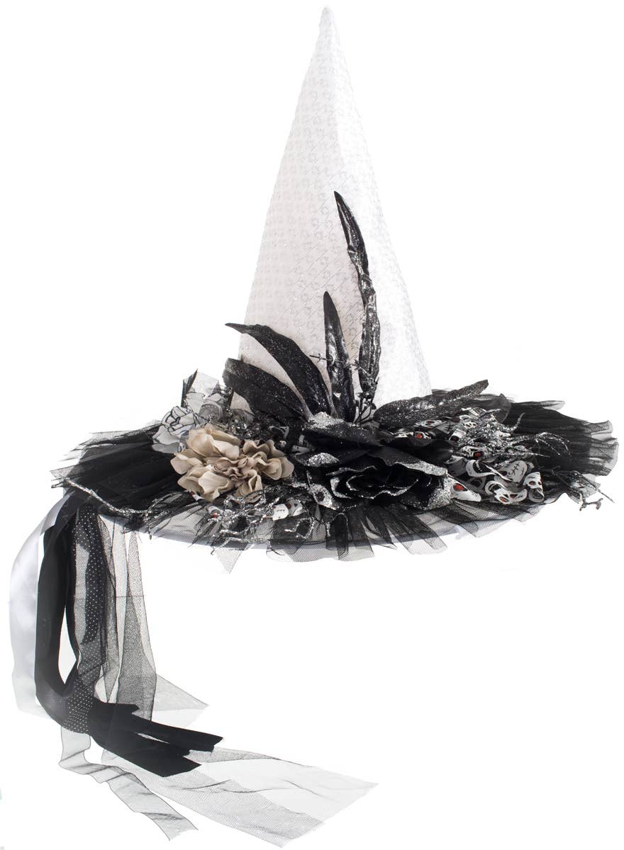 White Witch Hat with Glitter, Skull Mesh and Ribbons - Alternate Image 2