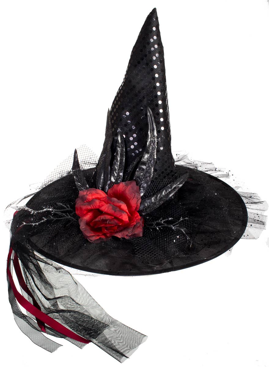 Adults Sequinned Black Witch Hat with Roses and Netting - Alternate Image 2