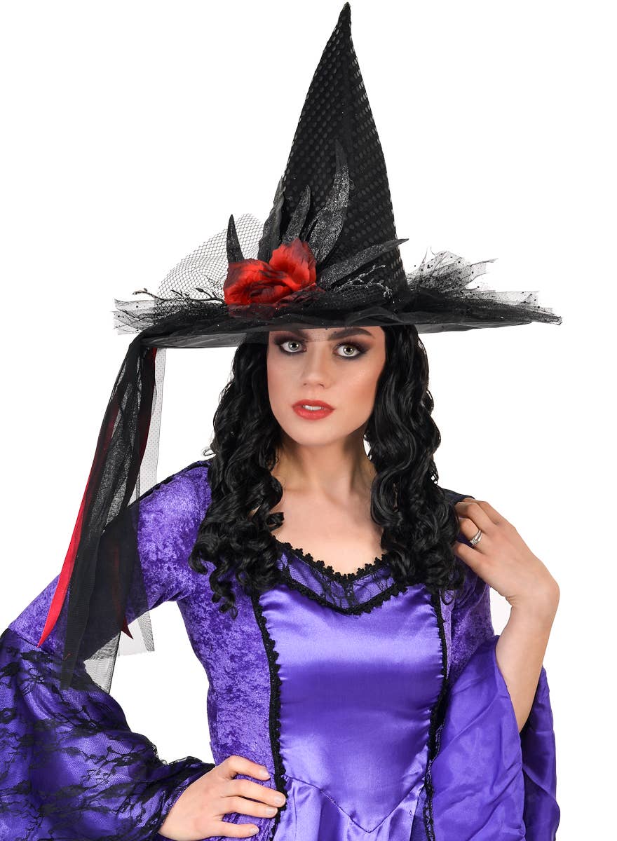 Adults Sequinned Black Witch Hat with Roses and Netting - Alternate Image 1