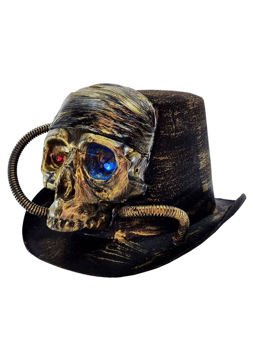 Adults Black and Gold Steam Punk Top Hat with Light Up Skull - Alternate Image
