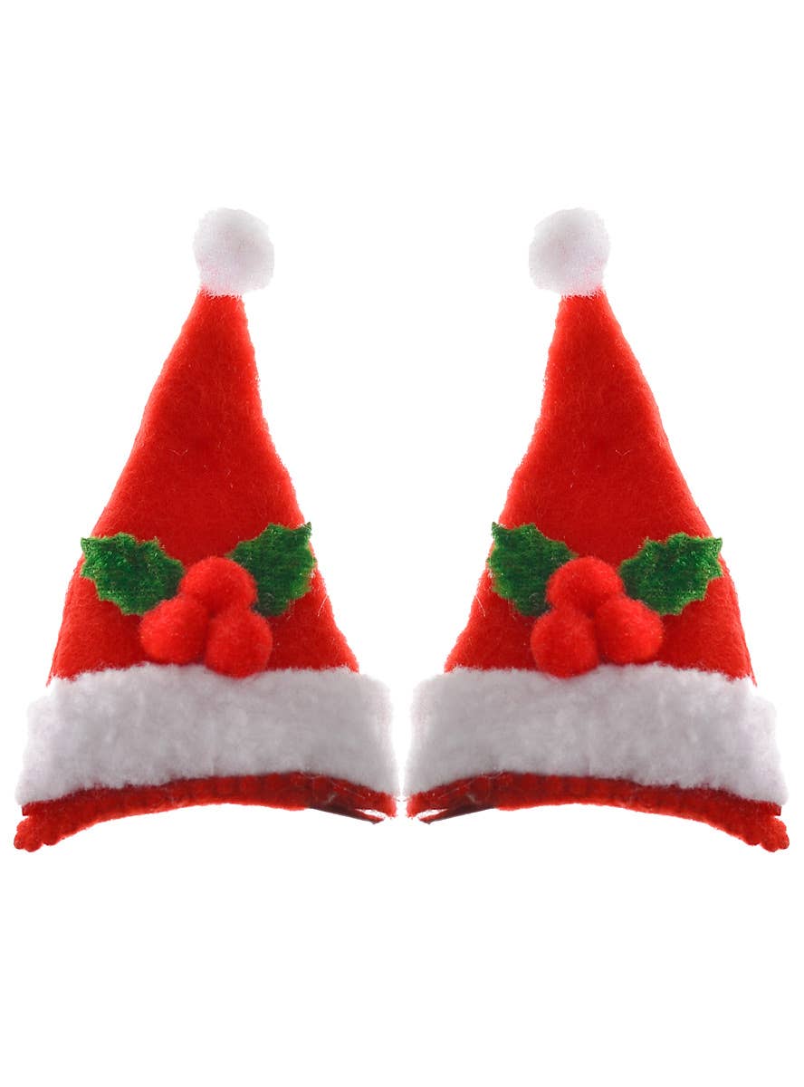 Mini Red and White Santa Hat Hair Clips Christmas Accessory - Main Image
