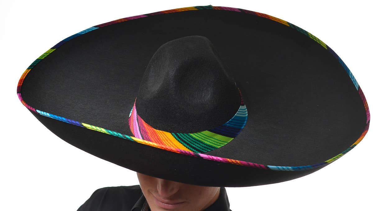 Large Black and Rainbow Mexican Sombrero Costume Hat - Close Up Image