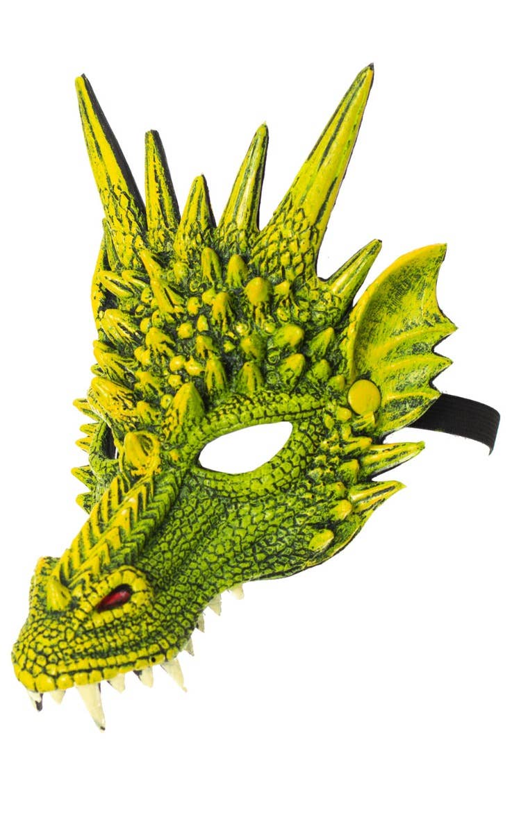Kid's Green Rubber Foam Dragon Half Face Mask With Spikes Halloween Costume Accessory Side View Image