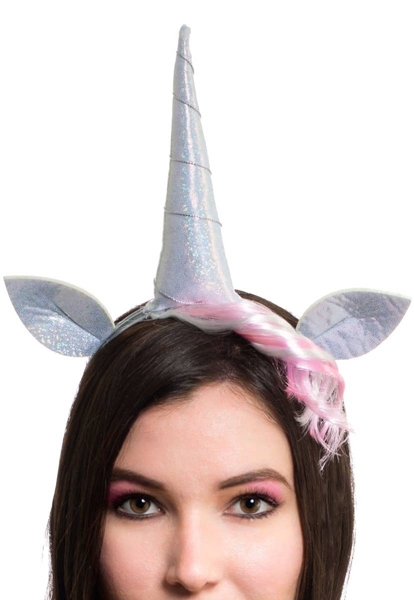 Silver Holographic Unicorn Costume Headband Accessory Set - Close Up Front
