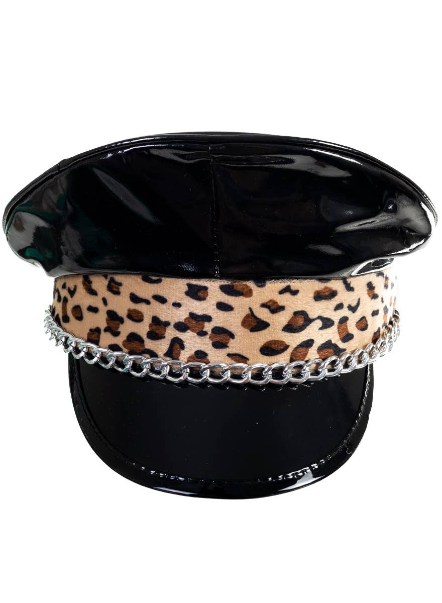 Black Vinyl Festival Hat With Leopard Print and Chain - alternative image