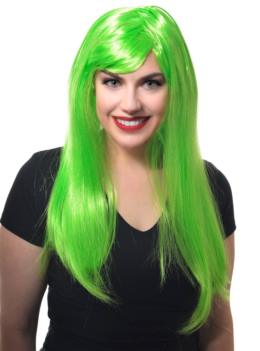 Image of Long Women's Straight Neon Green Costume Wig with Fringe