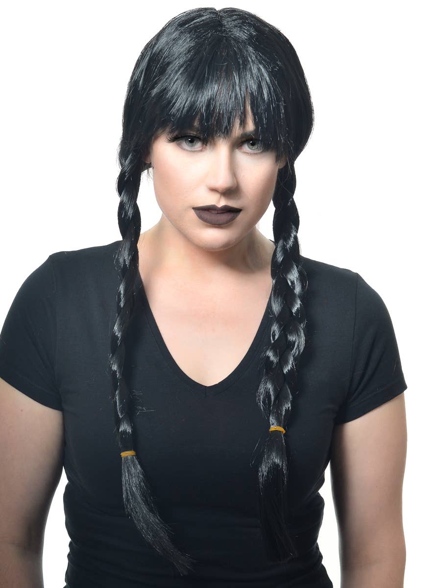 Image of Braided Black Wednesday Addams Womens Halloween Costume Wig