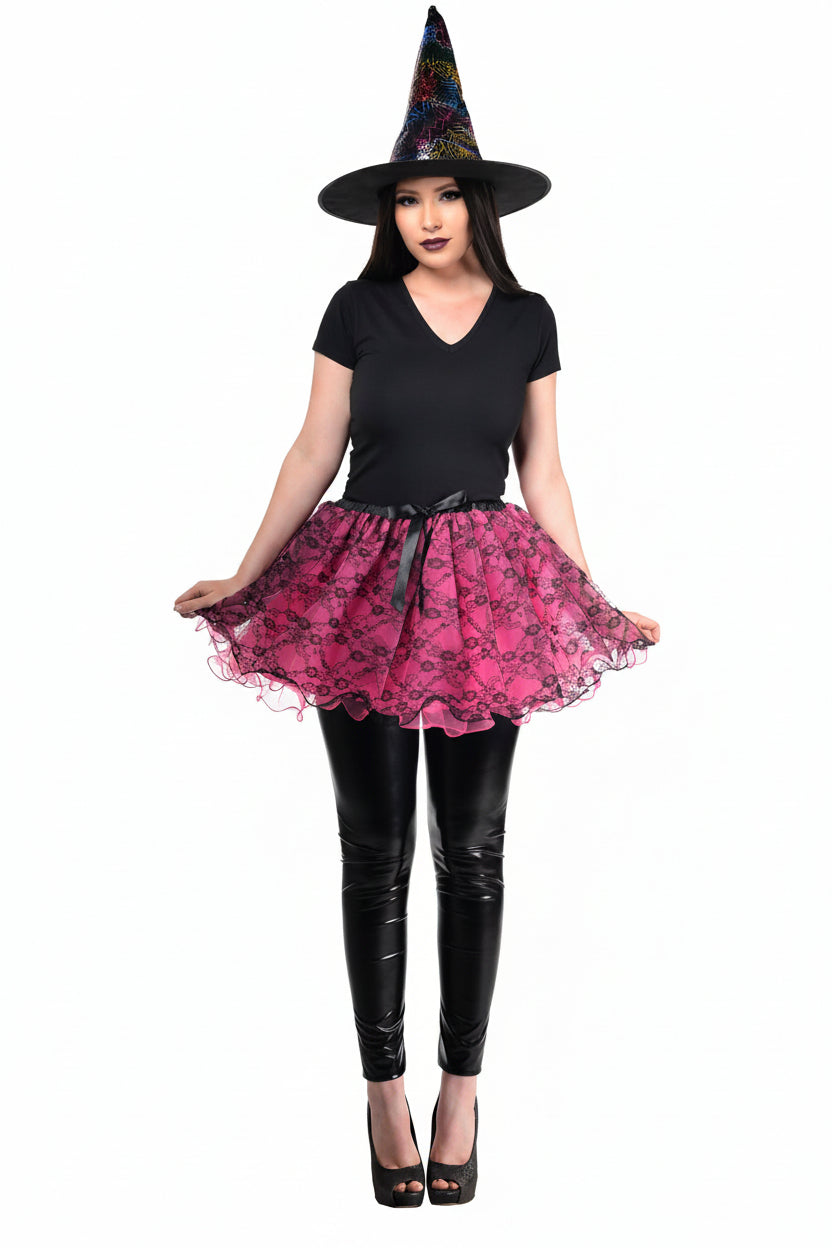 Womens Pink and Black Lace Fluffy Costume Tutu - Full Image
