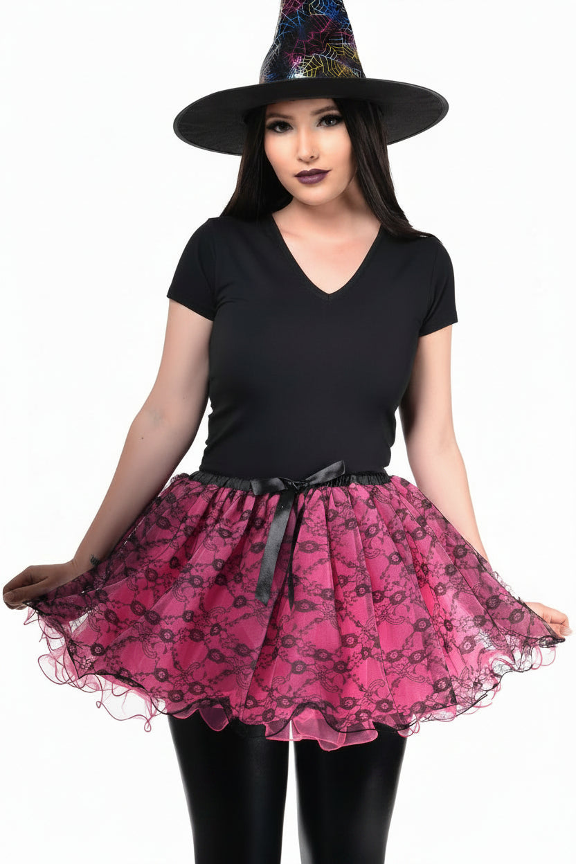Womens Pink and Black Lace Fluffy Costume Tutu - Close Image