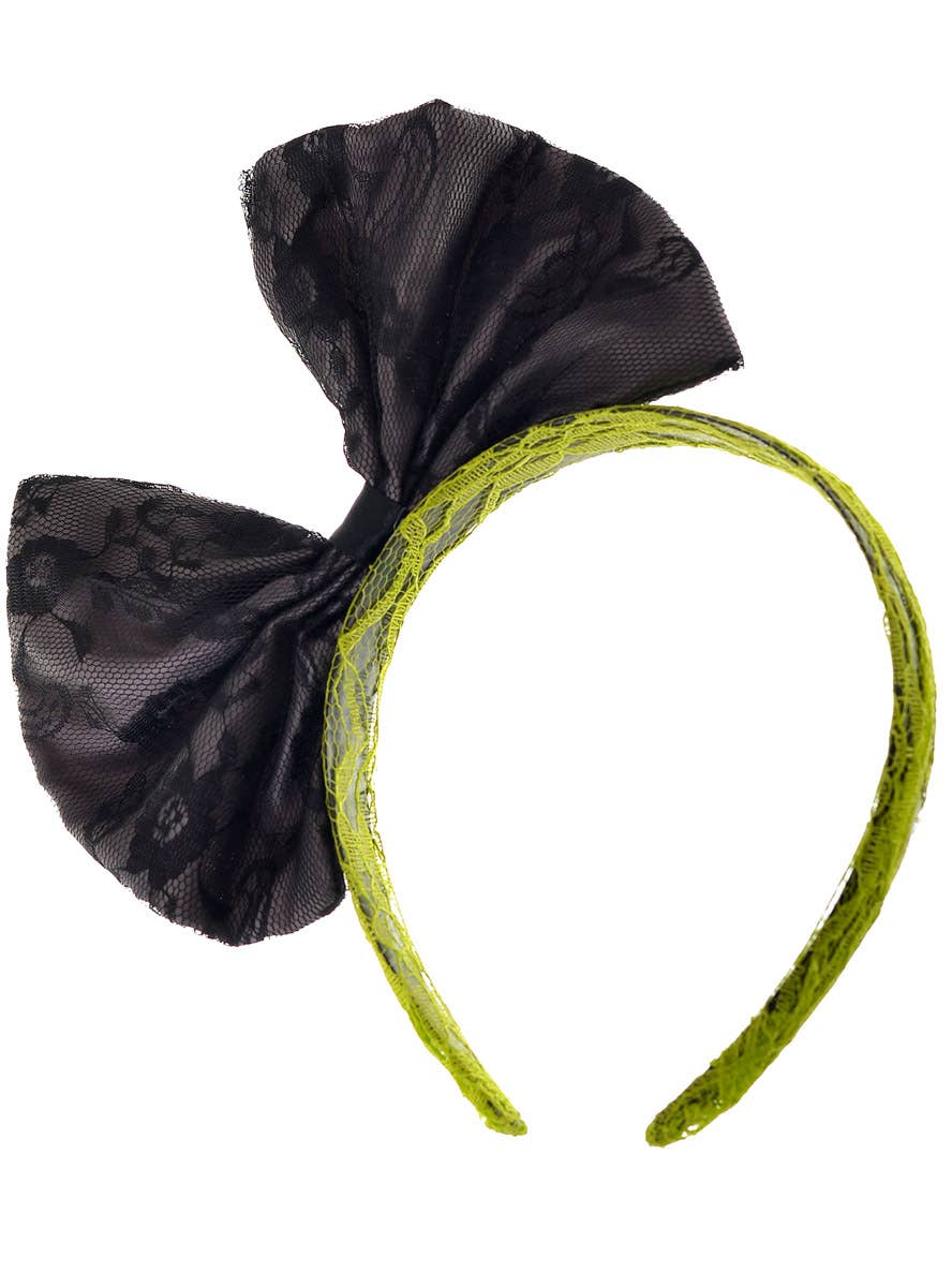 Green and Black Lace 80s Bow Headband - alternative image