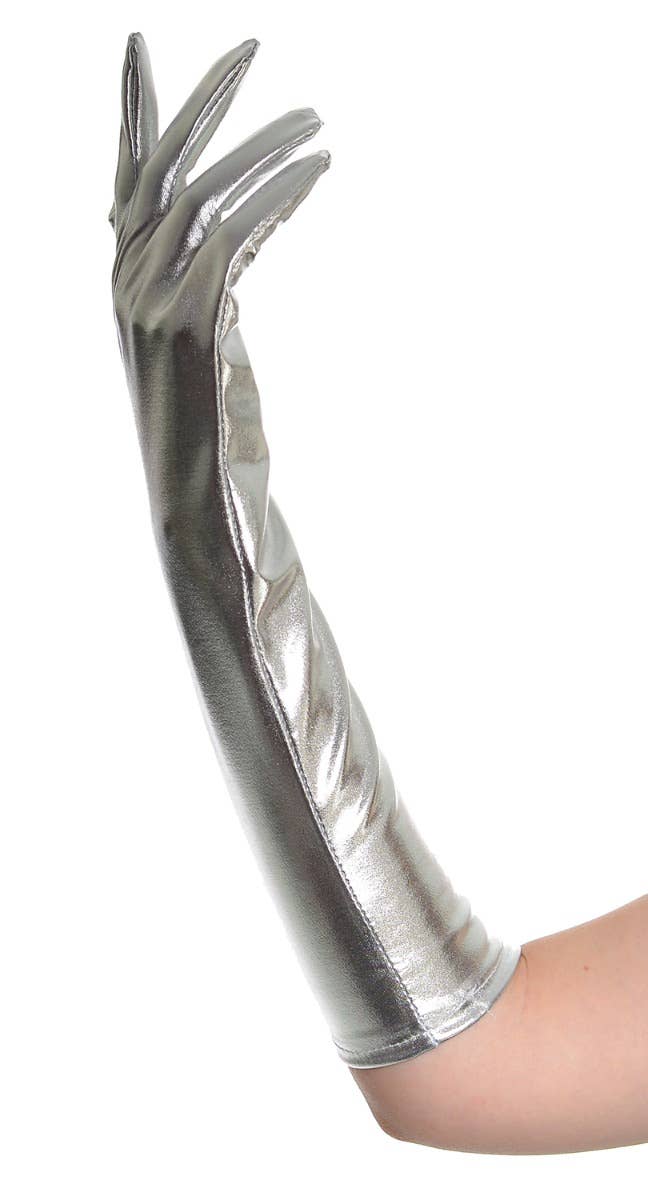Elbow Length Women's Metallic Silver Costume Gloves