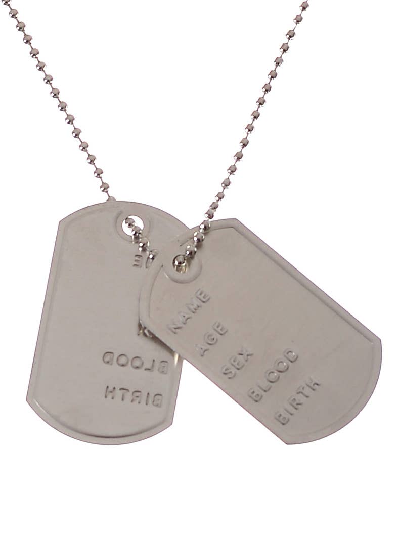 Double Silver Dog Tags Military Identification Necklace Army Costume Accessory - Close Up Image