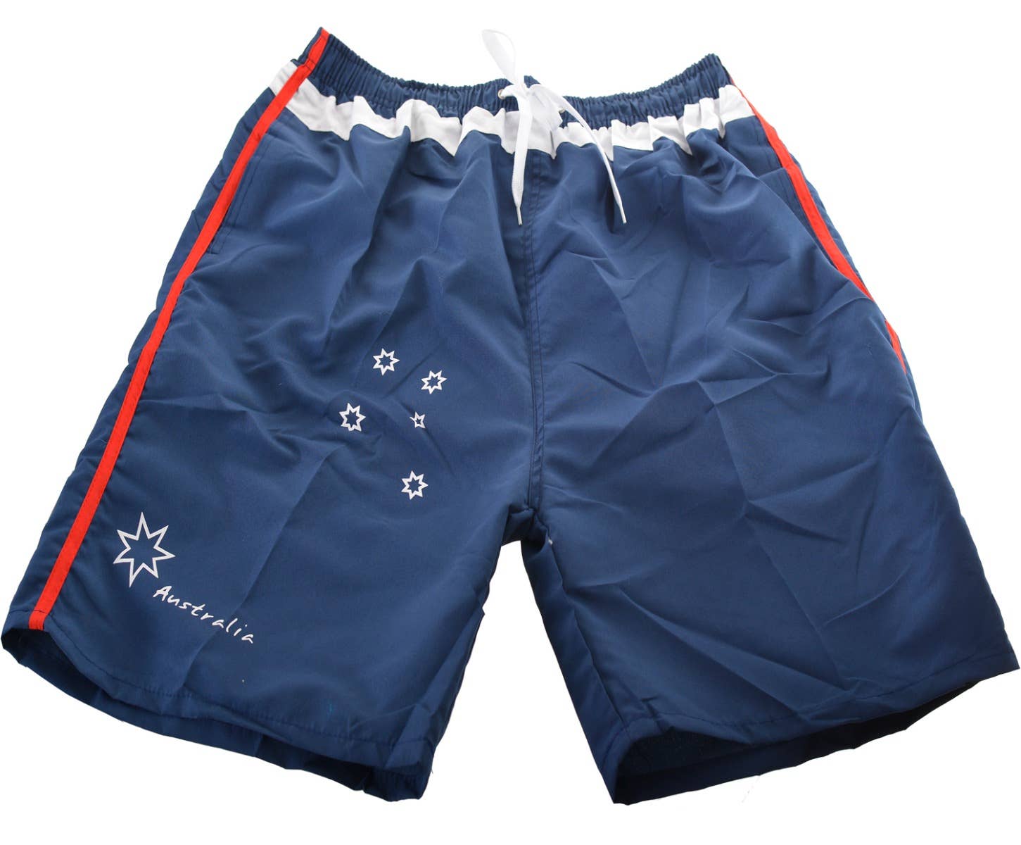 Men's Blue White And Red Board Shorts With Southern Cross Costume Accessory - flat lay image